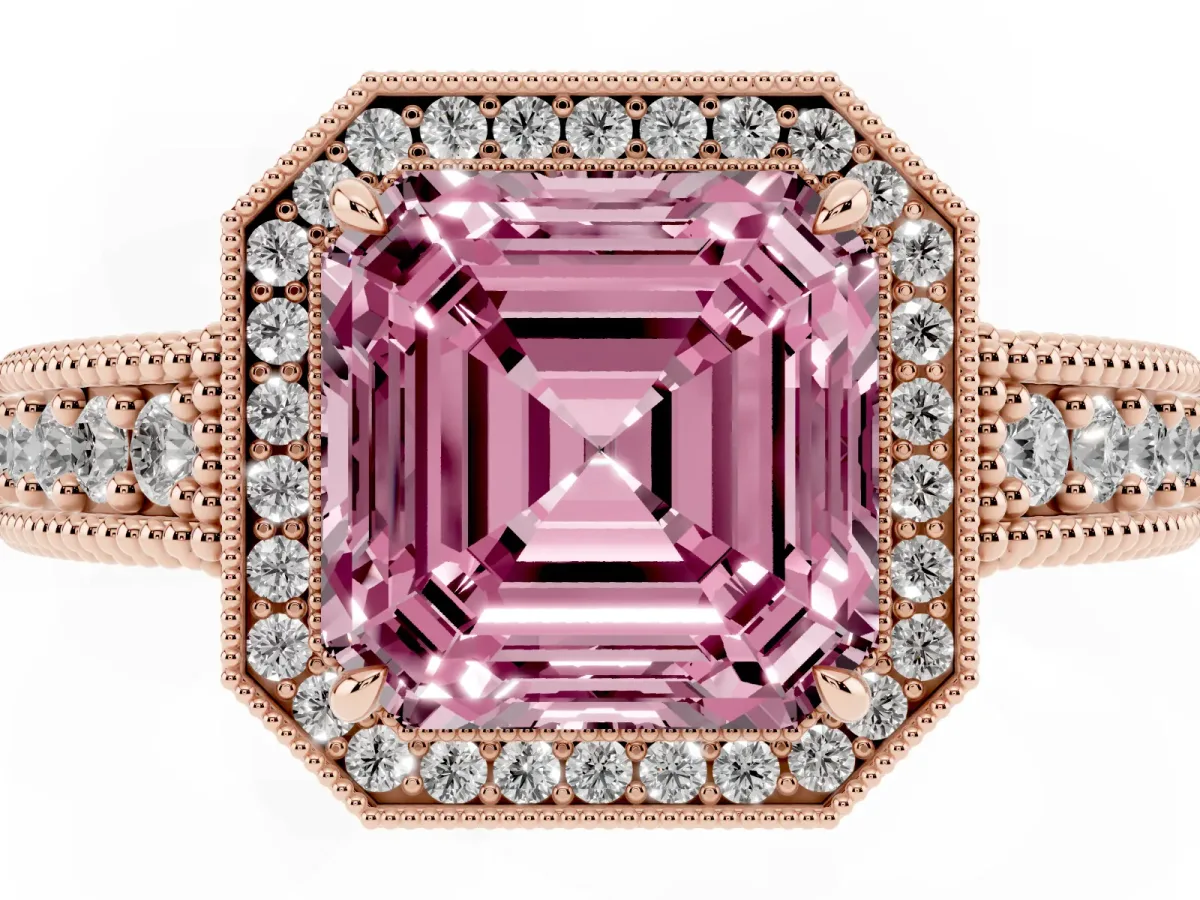 Fancy Pink Asscher Cut Cut Halo Diamond Ring with Pavé Band and Four-Prong Setting Rose gold