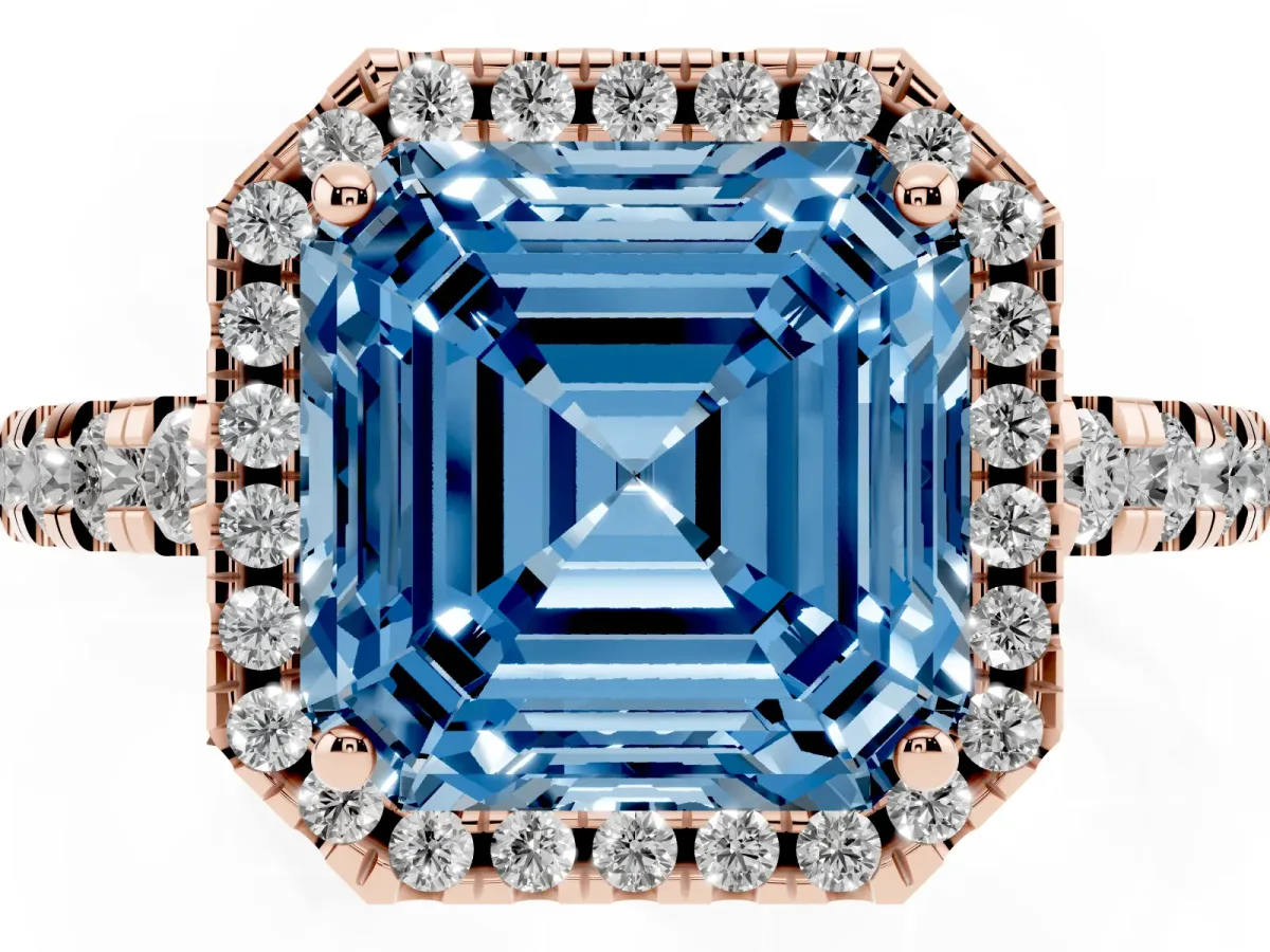 Fancy Blue Asscher Cut Diamond Halo Ring with Pavé Band and Four-Prong Setting Rose gold