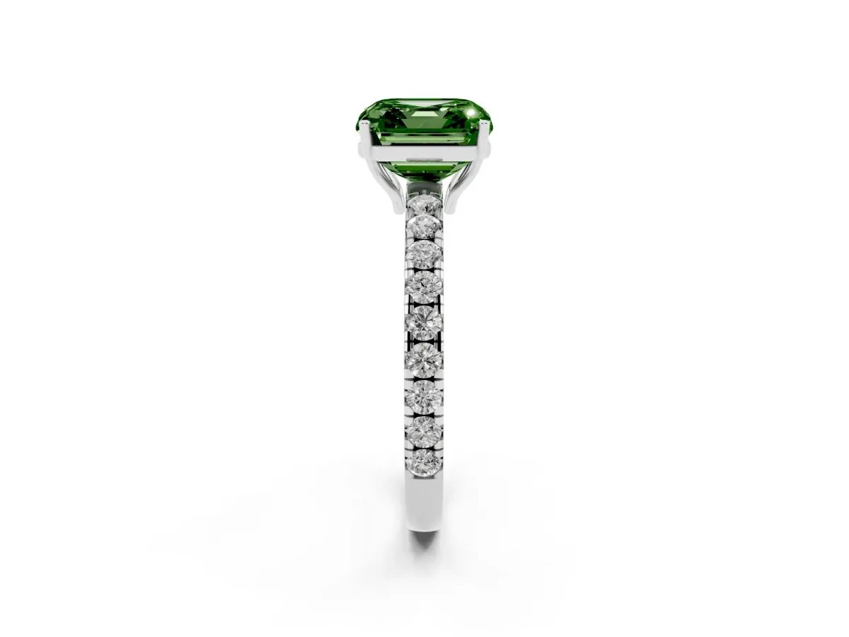 Fancy Green Asscher Cut Diamond Pavé Solitaire Engagement Ring with Four-Prong Setting Silver