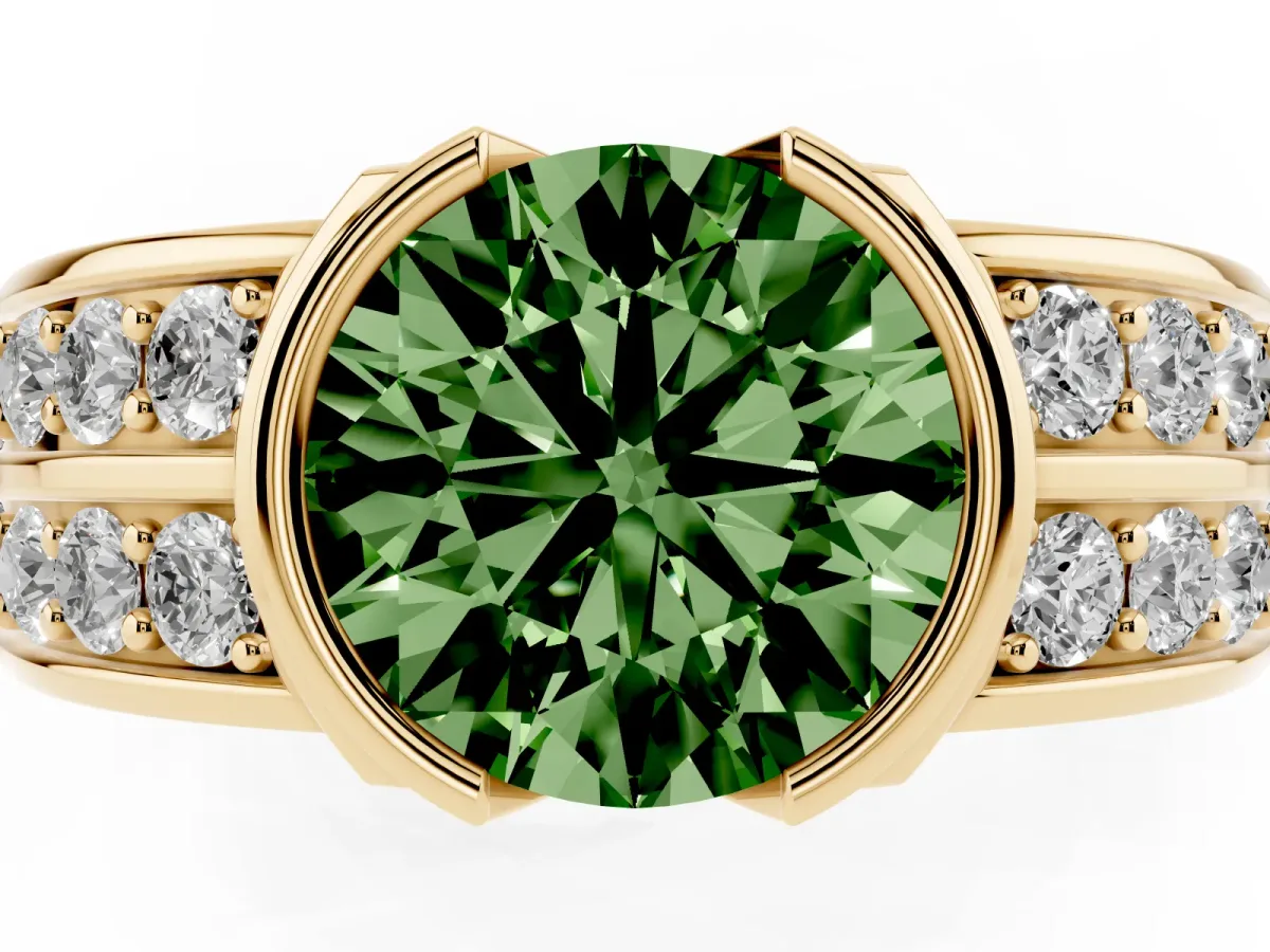 Fancy Green Round Cut Brilliant Diamond Channel Set Wide Band Ring with Bezel Setting Yellow gold