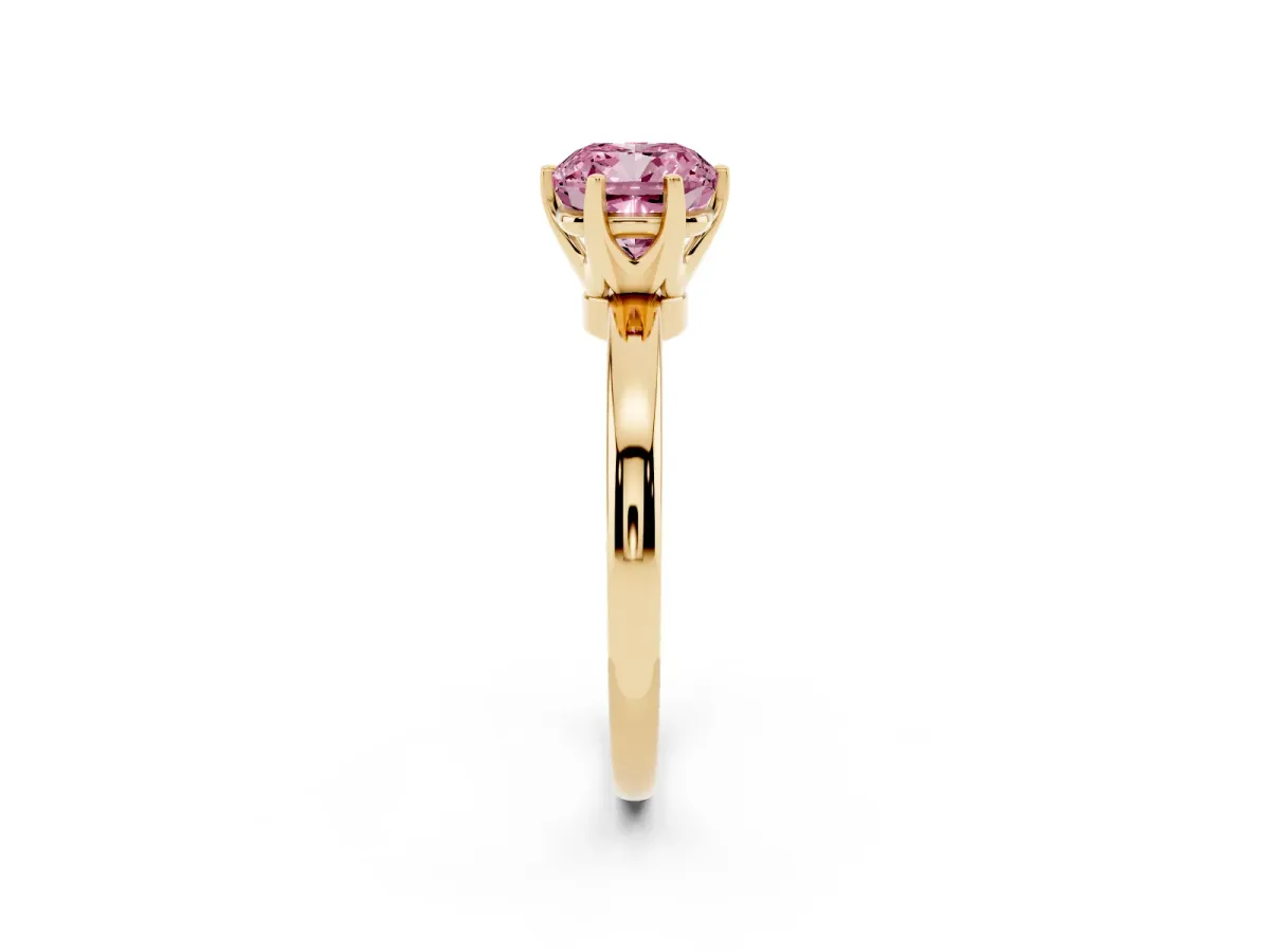 Fancy Pink Cushion Cut Solitaire Diamond Ring with Six-Prong Setting on a Classic Band Yellow gold