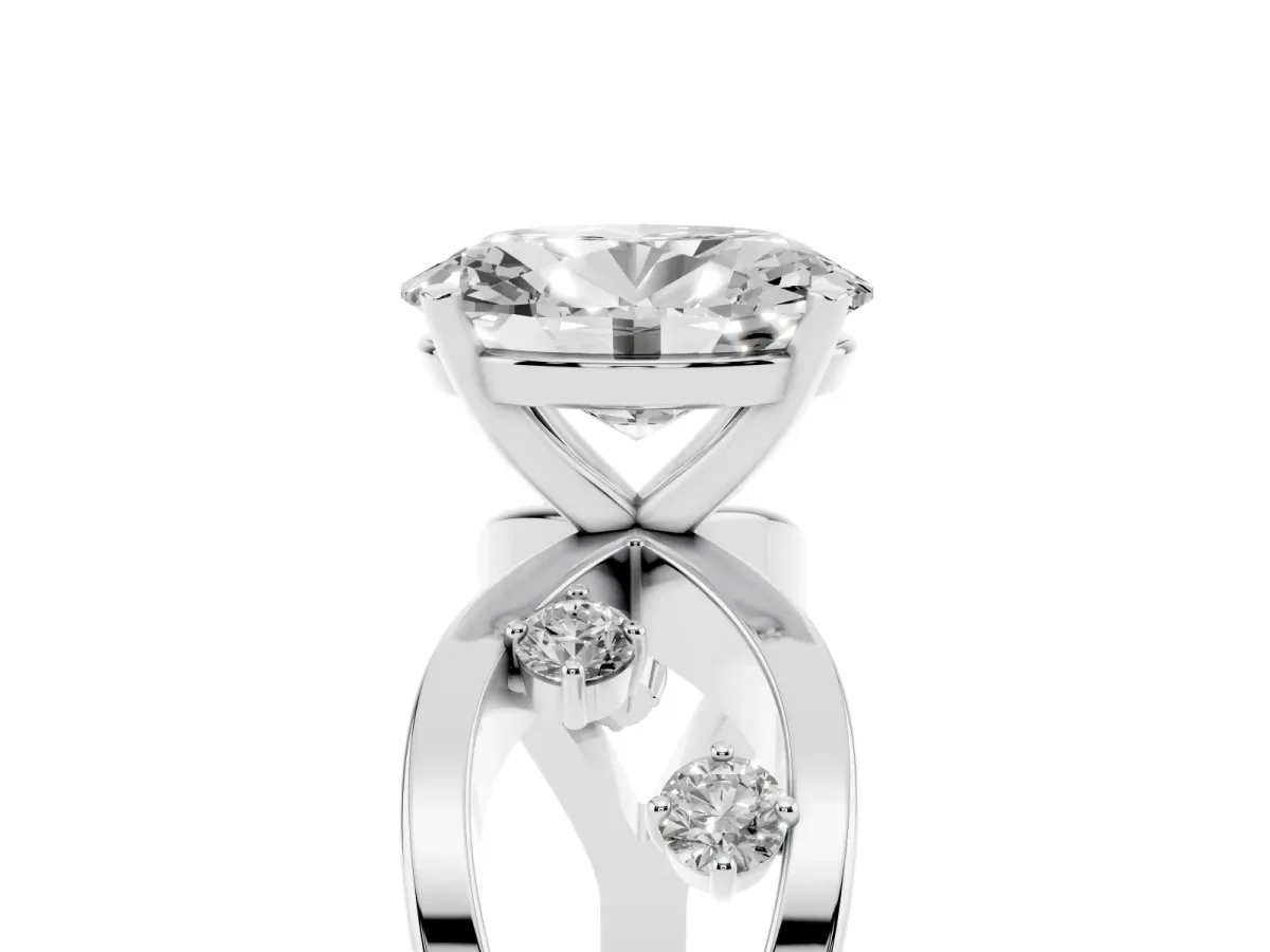 Oval Cut Cut Solitaire Diamond with Side Stones on Criss-Cross Band and Four-Prong Setting Silver