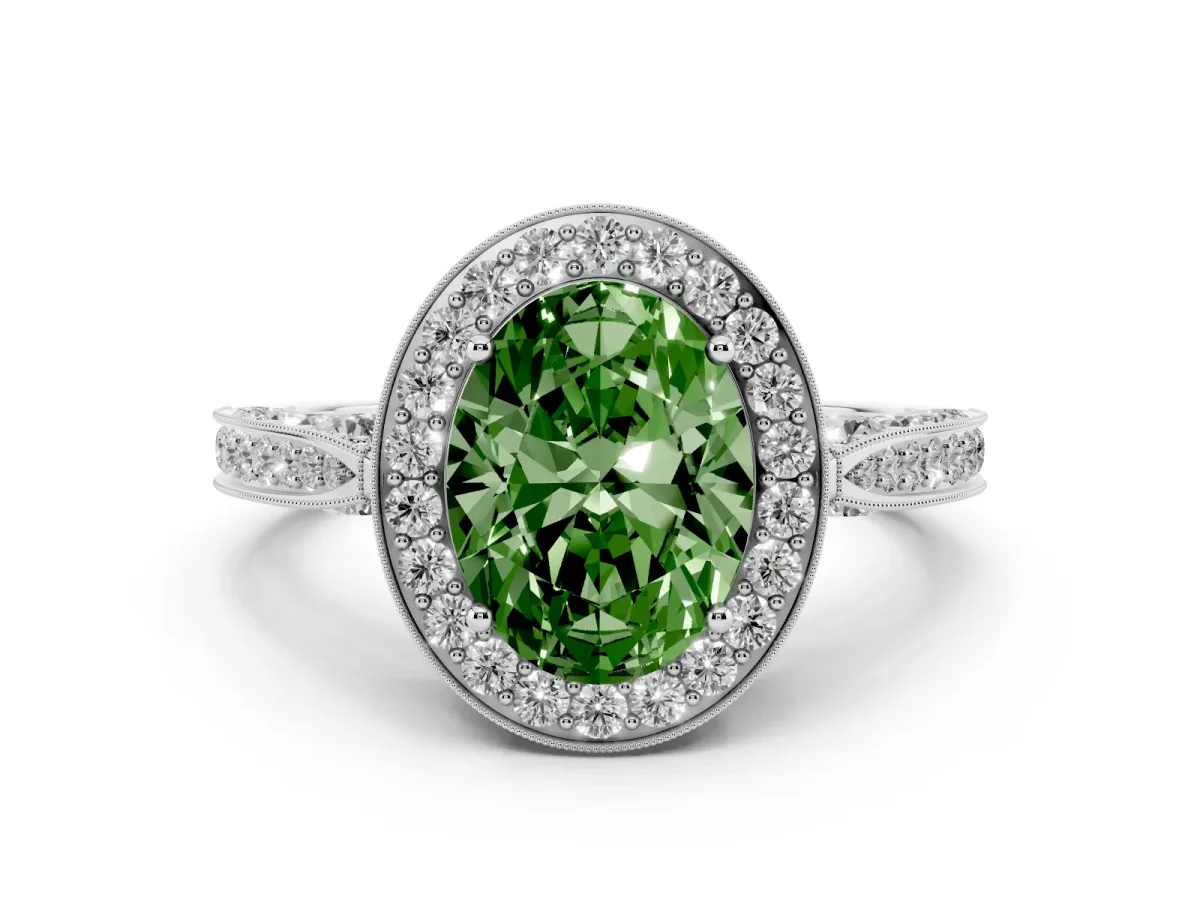 Fancy Green Oval Cut Halo Diamond Engagement Ring with Split Shank Band and Four-Prong Setting Silver