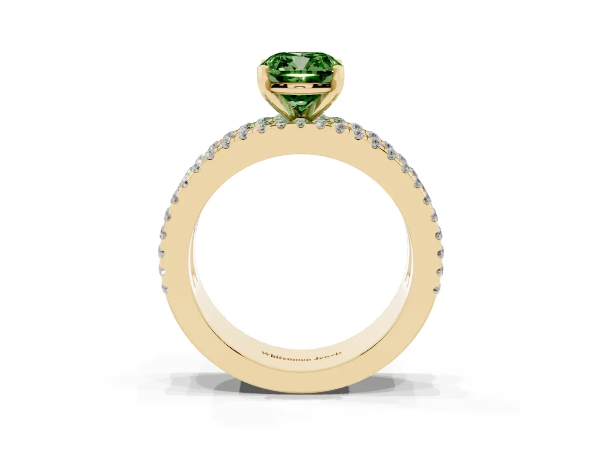 Fancy Green Cushion Cut Diamond Solitaire Ring with Pavé and Channel Set Band Yellow gold