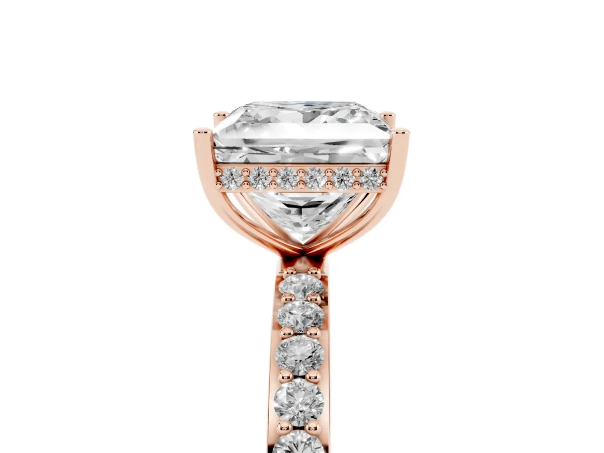 Princess Cut Diamond Solitaire Ring with Pavé Band and Hidden Halo Rose gold