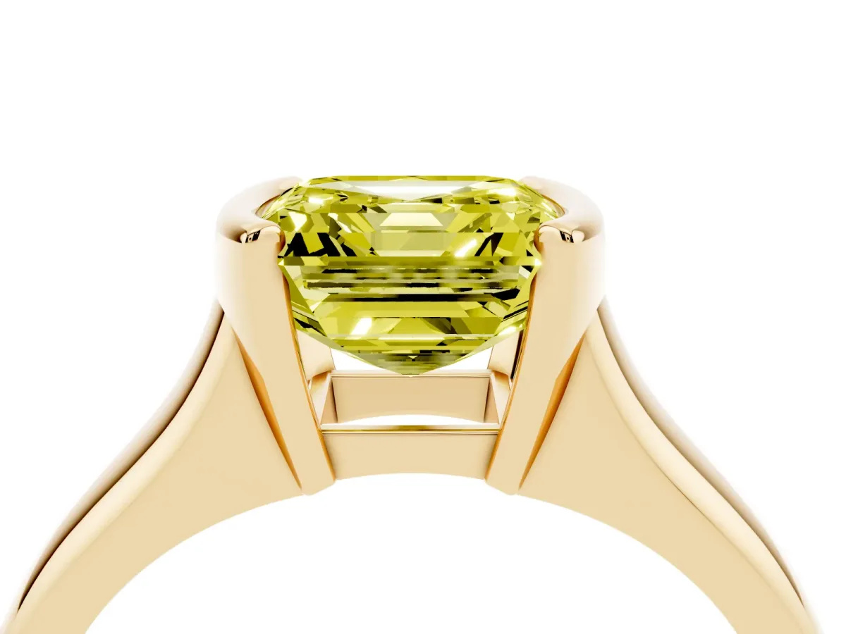Fancy Yellow Asscher Cut Solitaire Tension Set Diamond Ring with Split Shank Band Yellow gold