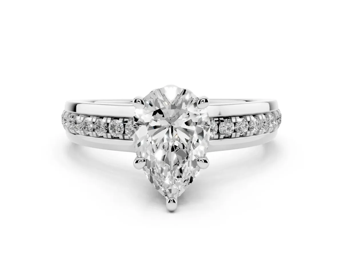 Pear Cut Solitaire Diamond Ring with Channel Set Band and Six-Prong Setting Silver