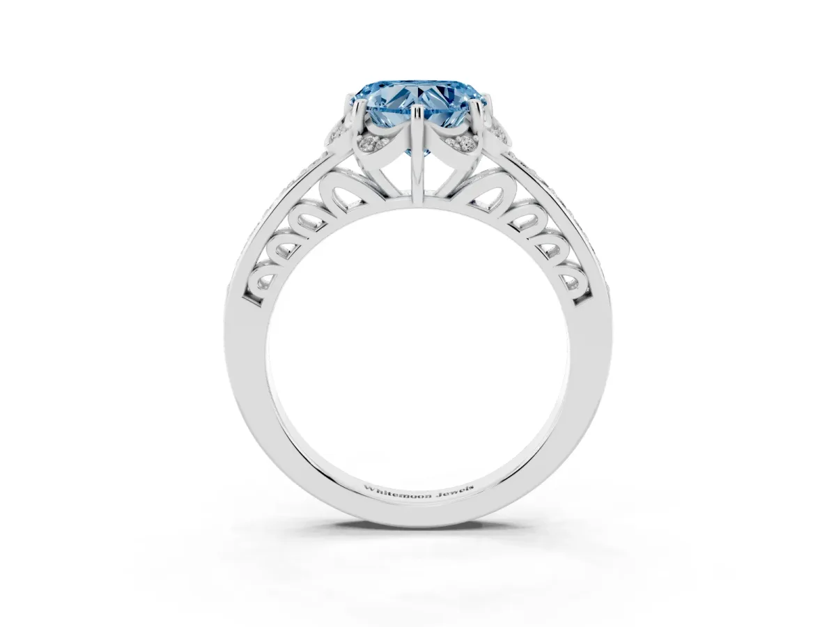 Fancy Blue Heart Cut Cut Halo Diamond Ring with Channel Set Band and Four-Prong Setting Platinum
