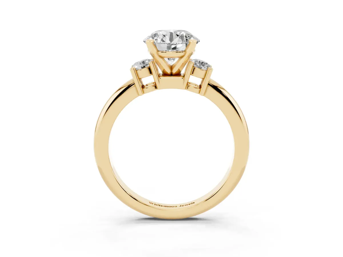 Three-Stone Round Cut Cut Diamond Solitaire with Prong Setting and Classic Band Yellow gold