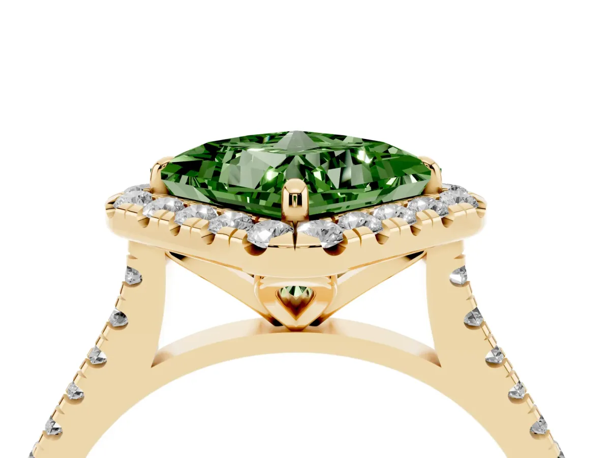 Fancy Green Princess Cut Diamond Cushion Halo Ring with Pavé Band Yellow gold