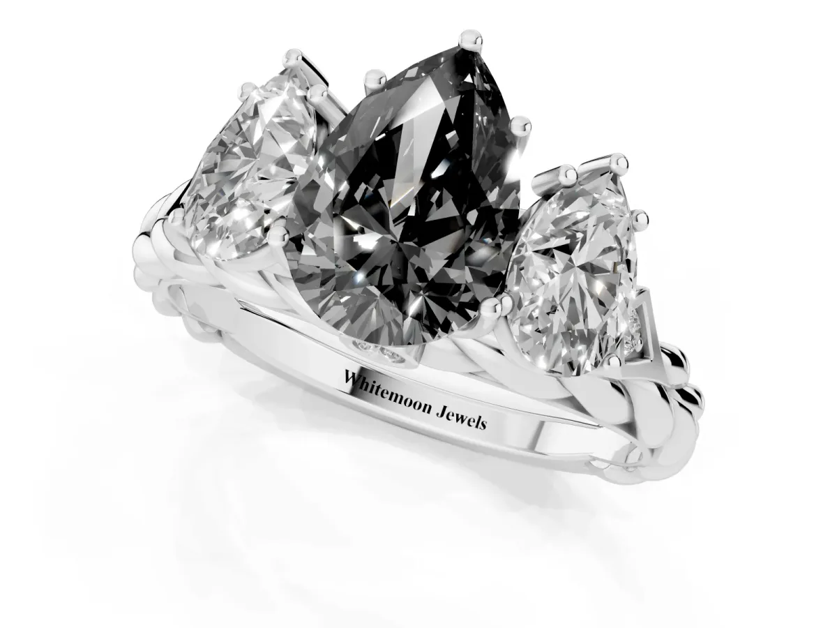 Fancy Black Three-Stone Pear Cut Diamond Braided Band Ring with Four-Prong Setting Silver