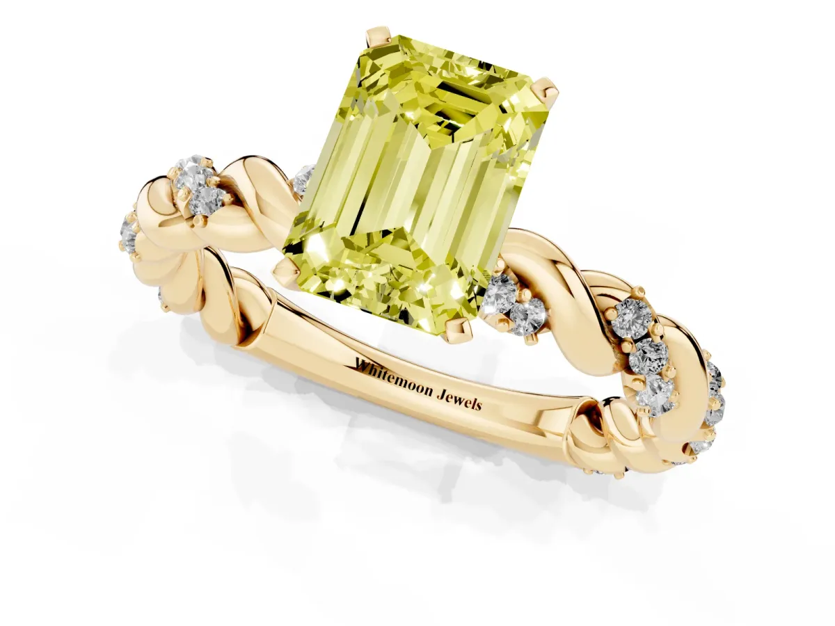 Fancy Yellow Emerald Cut Diamond Solitaire Ring with Twisted Band and Pavé Accents Yellow gold