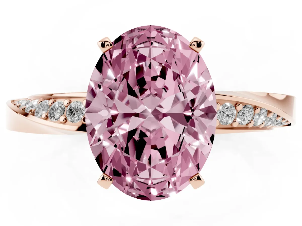 Fancy Pink Oval Cut Diamond Engagement Ring with Side Stone Accents and Four-Prong Setting Rose gold