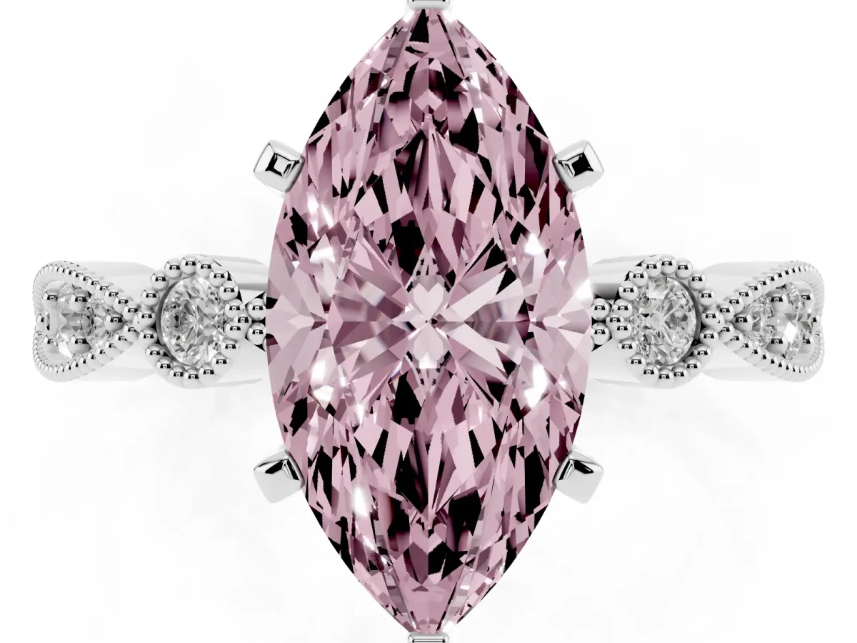 Fancy Pink Marquise Cut Milgrain Bezel Diamond Engagement Ring with Solitaire Prong Setting Silver