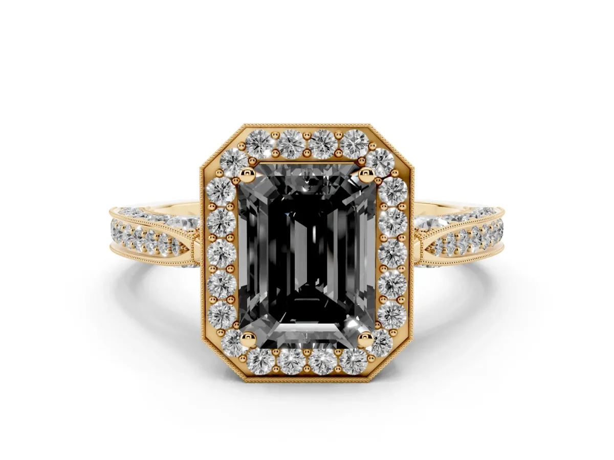 Fancy Black Emerald Cut Halo Diamond Engagement Ring with Split Shank Band and Four-Prong Setting Yellow gold
