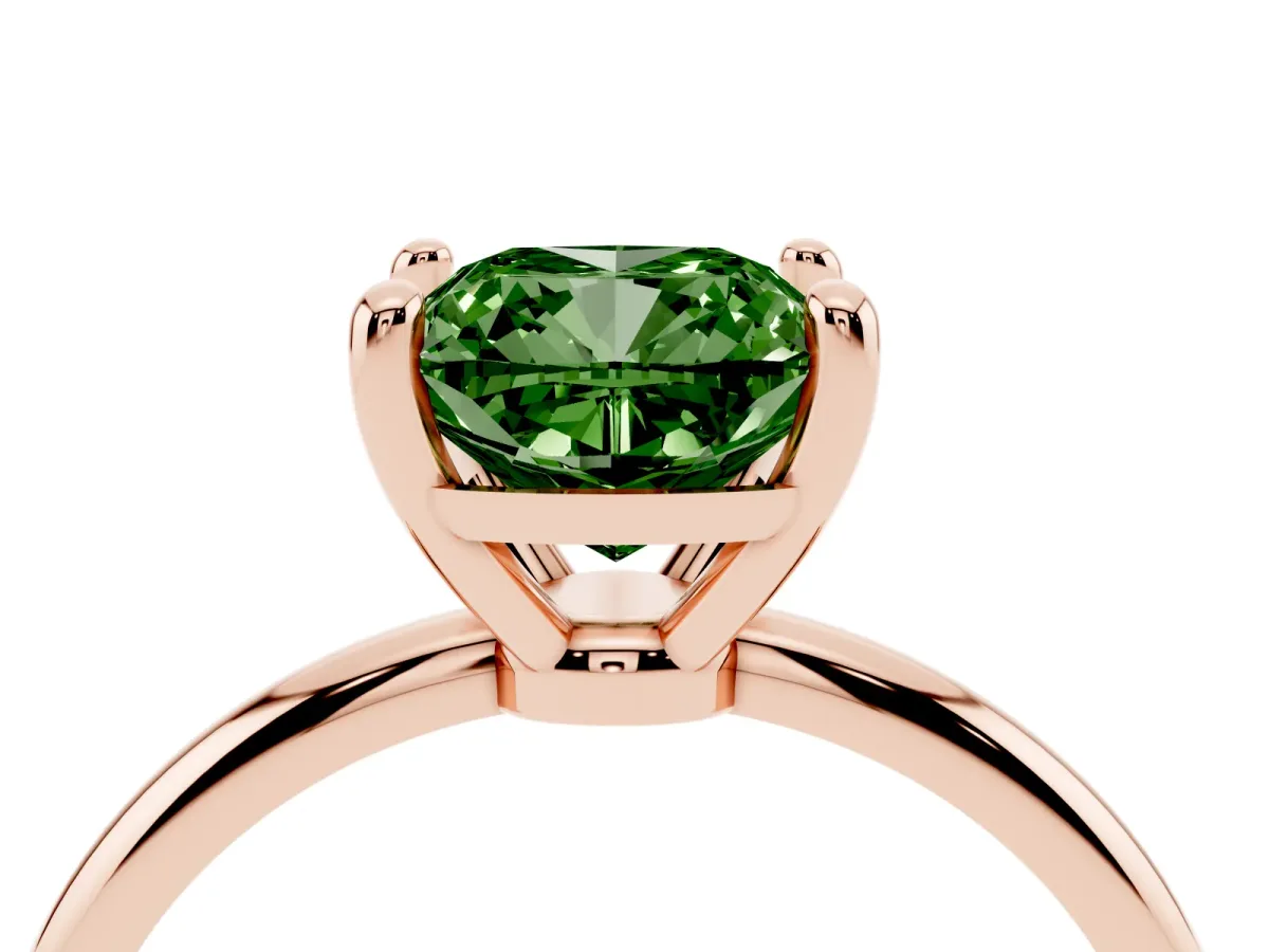 Fancy Green Cushion Cut Solitaire Diamond Ring with 4-Prong Setting on a Classic Band Rose gold