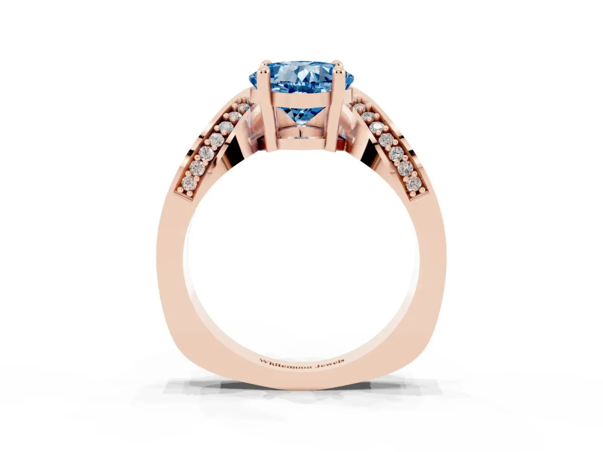 Fancy Blue Cushion Cut Solitaire Diamond Engagement Ring with Pave Band and Four-Prong Setting Rose gold