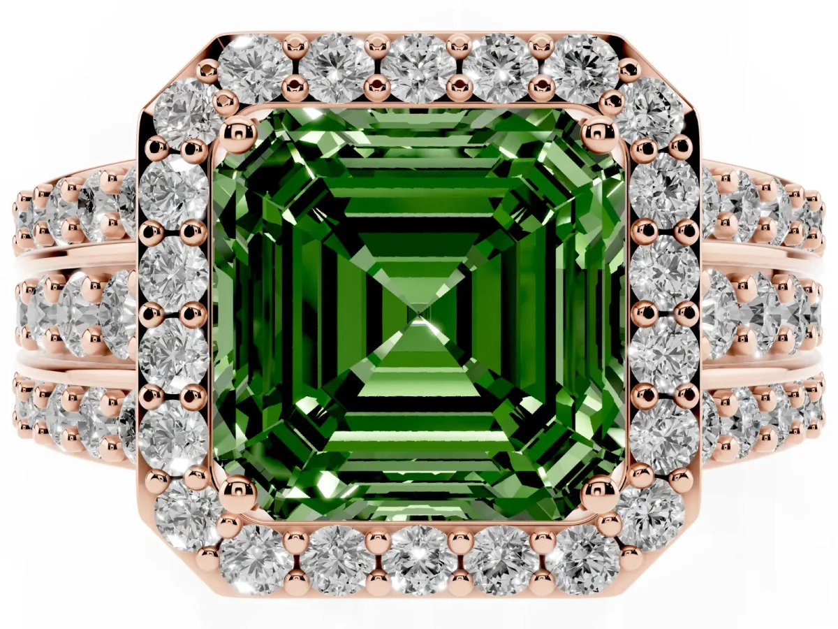 Fancy Green Asscher Cut Halo Diamond Ring with Round Split Shank and Prong Setting Rose gold
