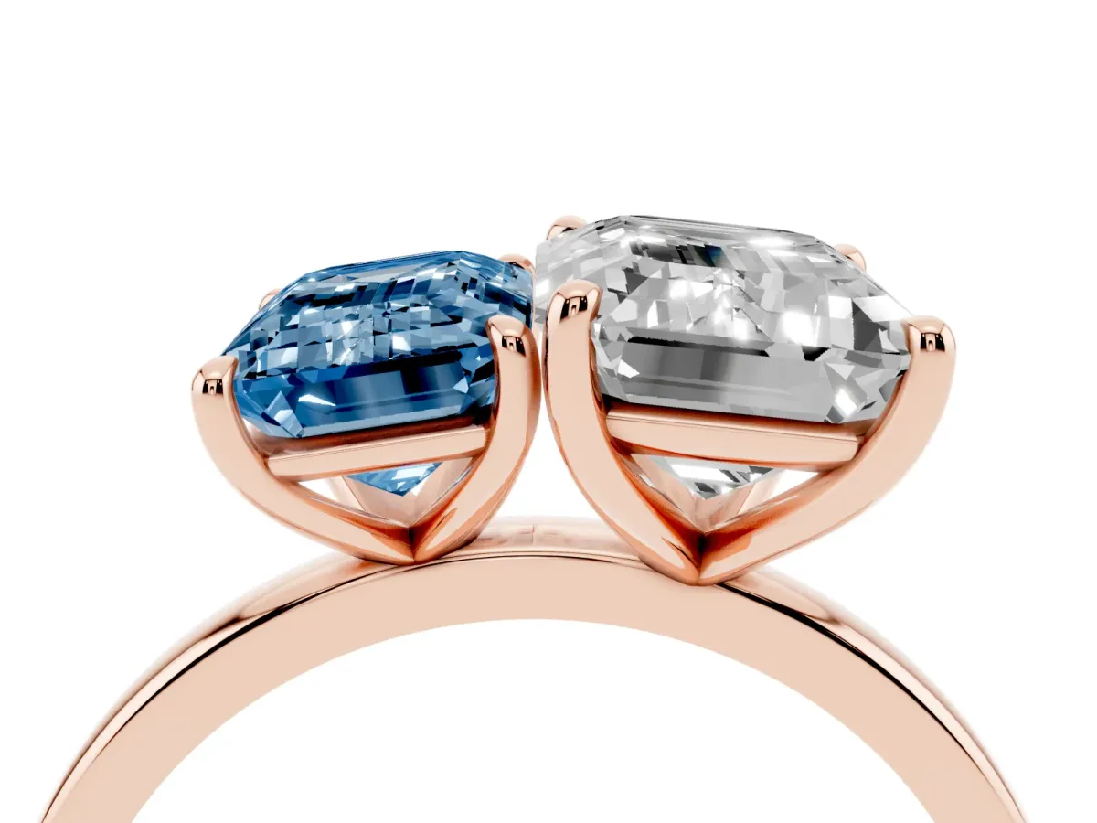 Fancy Blue Emerald Cut and Emerald Cut Toi Moi Ring with Prong Setting Rose gold