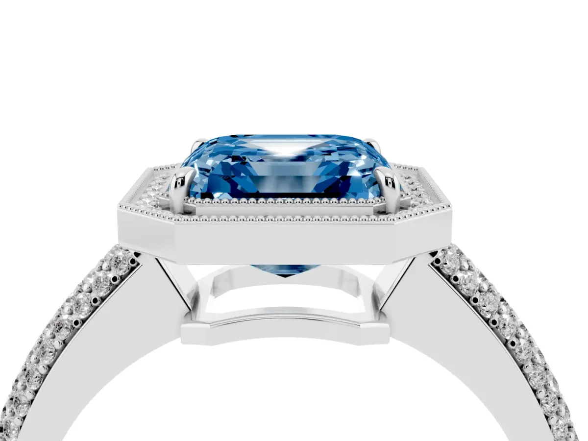 Fancy Blue Asscher Cut Cut Halo Diamond Pave Band with Four-Prong Setting Platinum