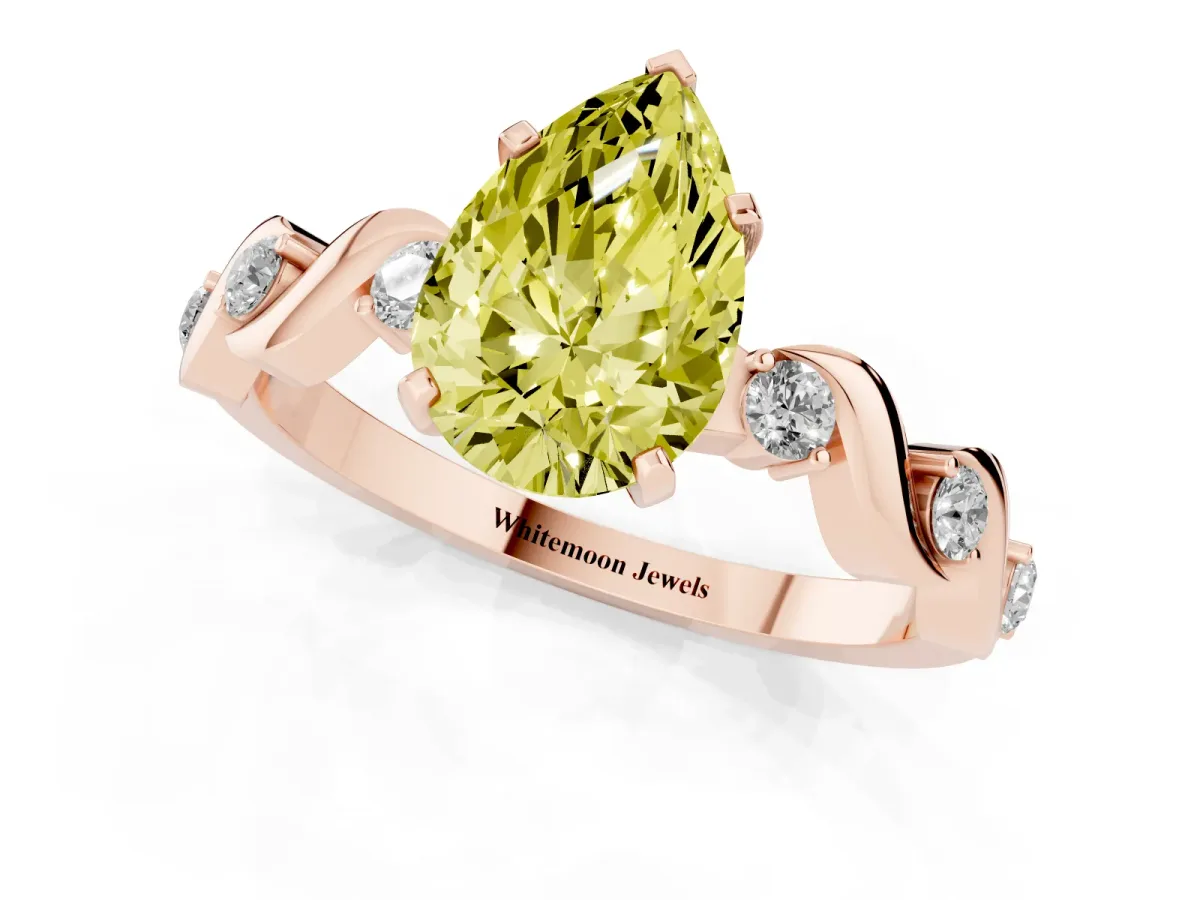 Fancy Yellow Pear Cut Diamond Solitaire Twisted Band with Round Accents and Prong Setting Rose gold