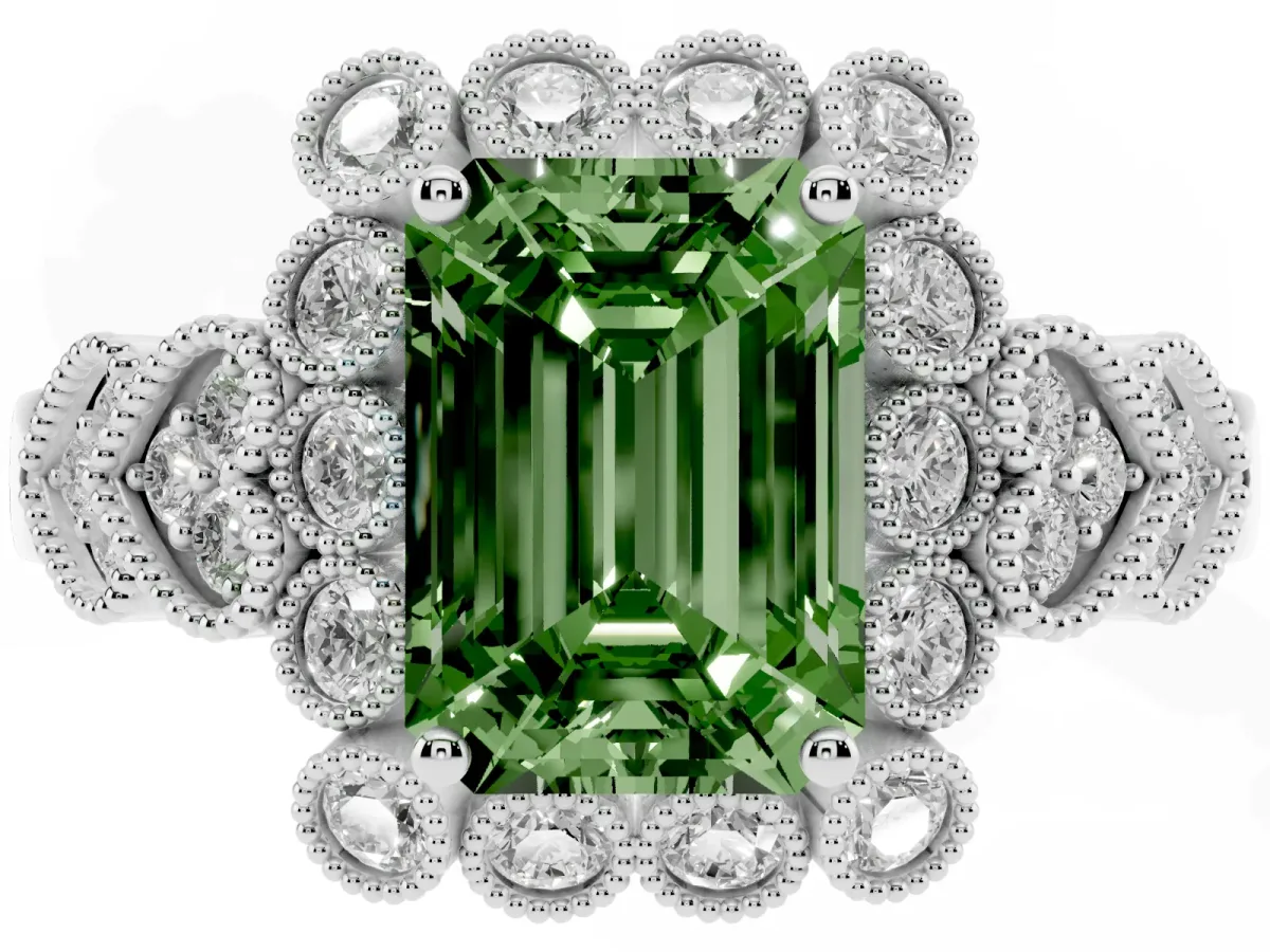 Fancy Green Emerald Cut Brilliant Milgrain Pave Heart Band Solitaire Ring Silver