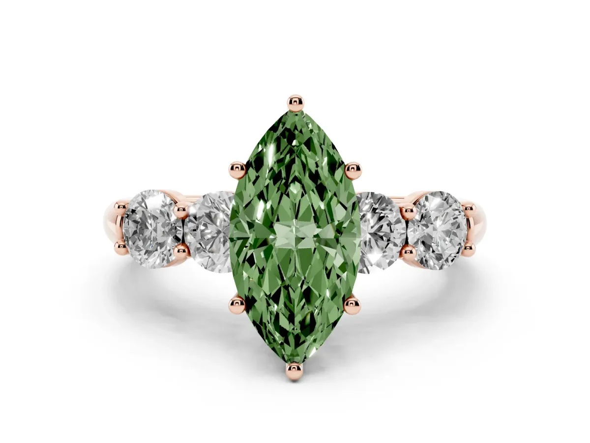 Fancy Green Marquise Cut Cut Five-Stone Prong Set Diamond Ring with Classic Band Rose gold
