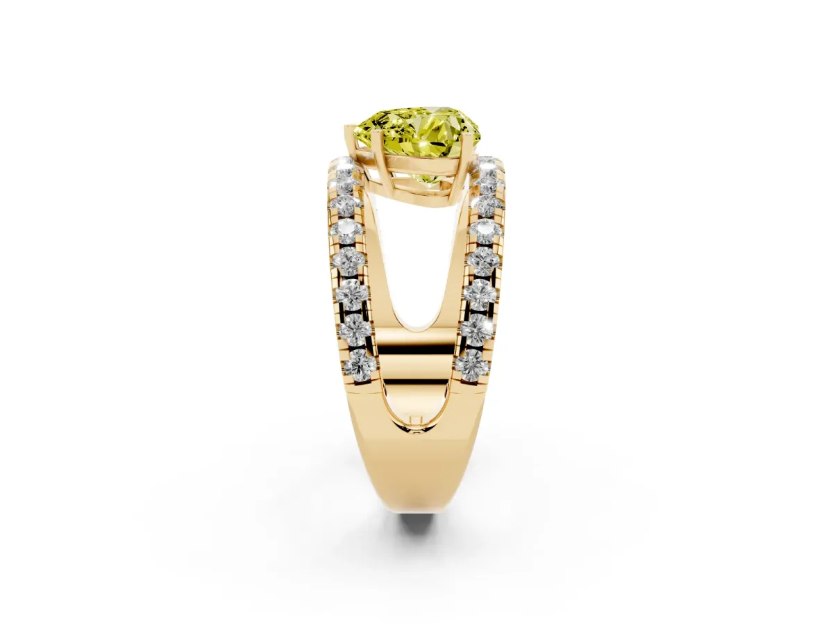 Fancy Yellow Heart Cut Solitaire Split Shank Pave Diamond Ring Yellow gold