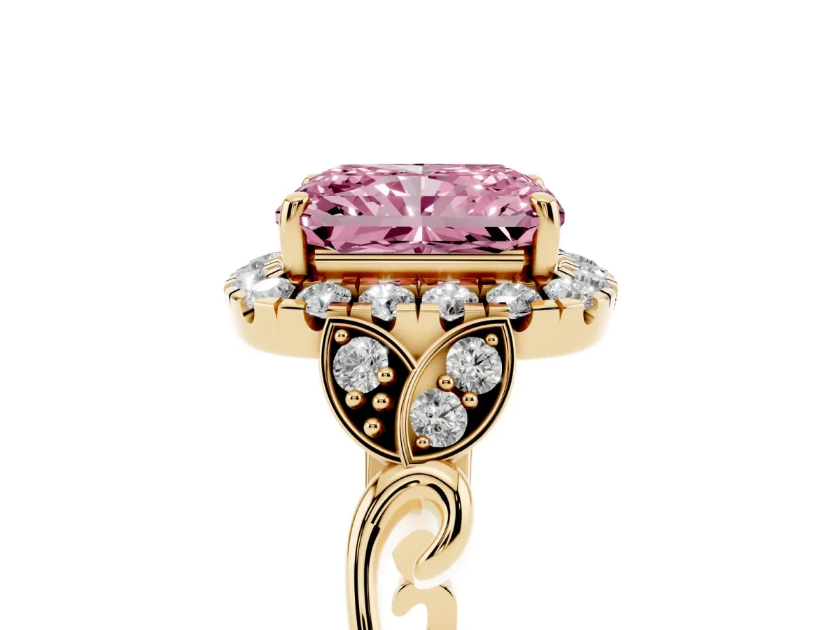 Fancy Pink Radiant Cut Halo Diamond Engagement Ring with Vintage-Inspired Band and Four-Prong Setting Yellow gold