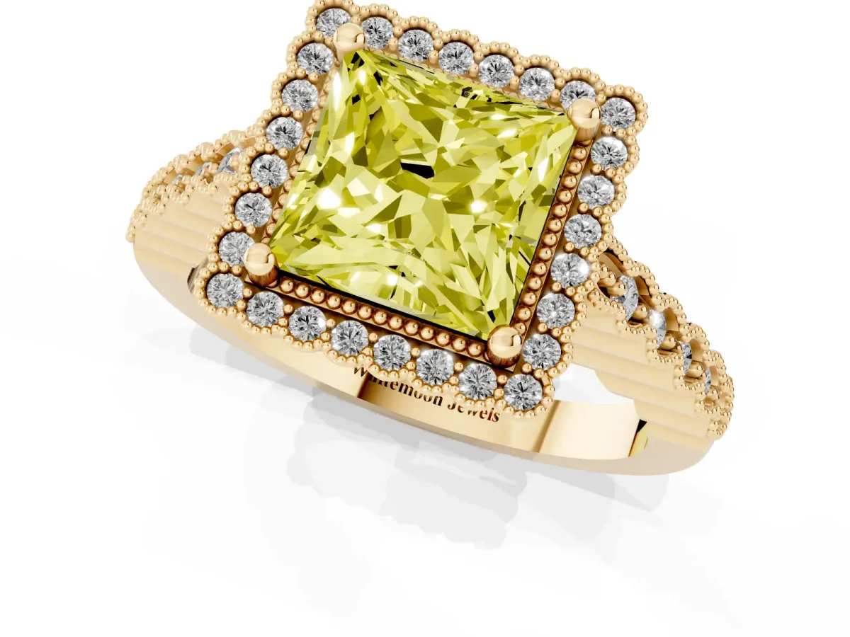 Fancy Yellow Princess Cut Cut Halo Pavé Solitaire Ring with Milgrain Band Yellow gold