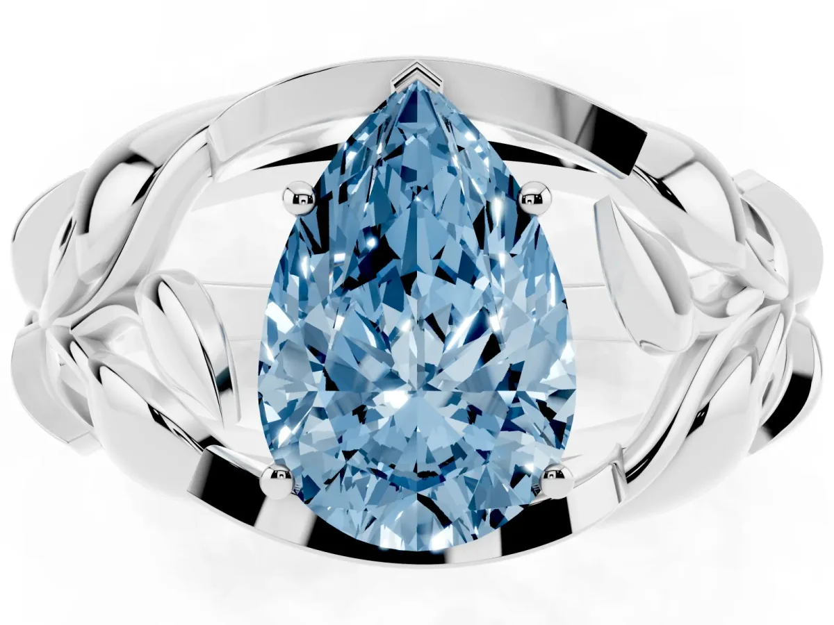 Fancy Blue Pear Cut Diamond Leaf-Inspired Engagement Ring with Round Accents and Prong Setting Silver