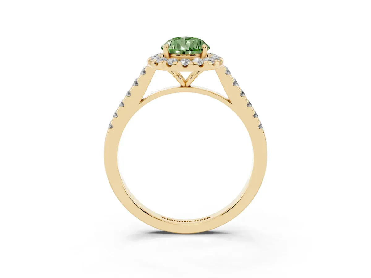 Fancy Green Pear Cut Halo Pave Diamond Engagement Ring with Four-Prong Setting Yellow gold