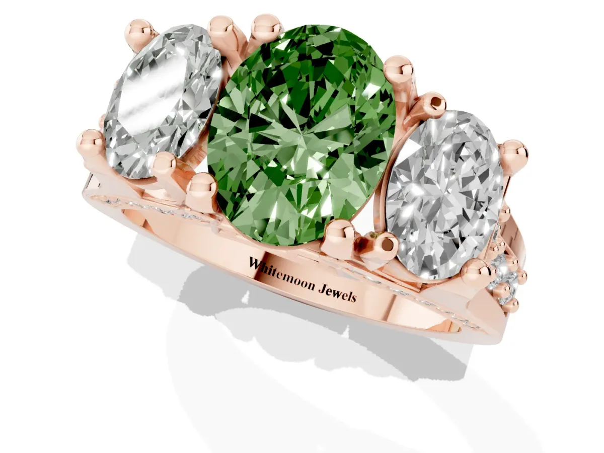Fancy Green Oval Cut Diamond Three-Stone Ring with Channel Set Band and Four-Prong Setting Rose gold