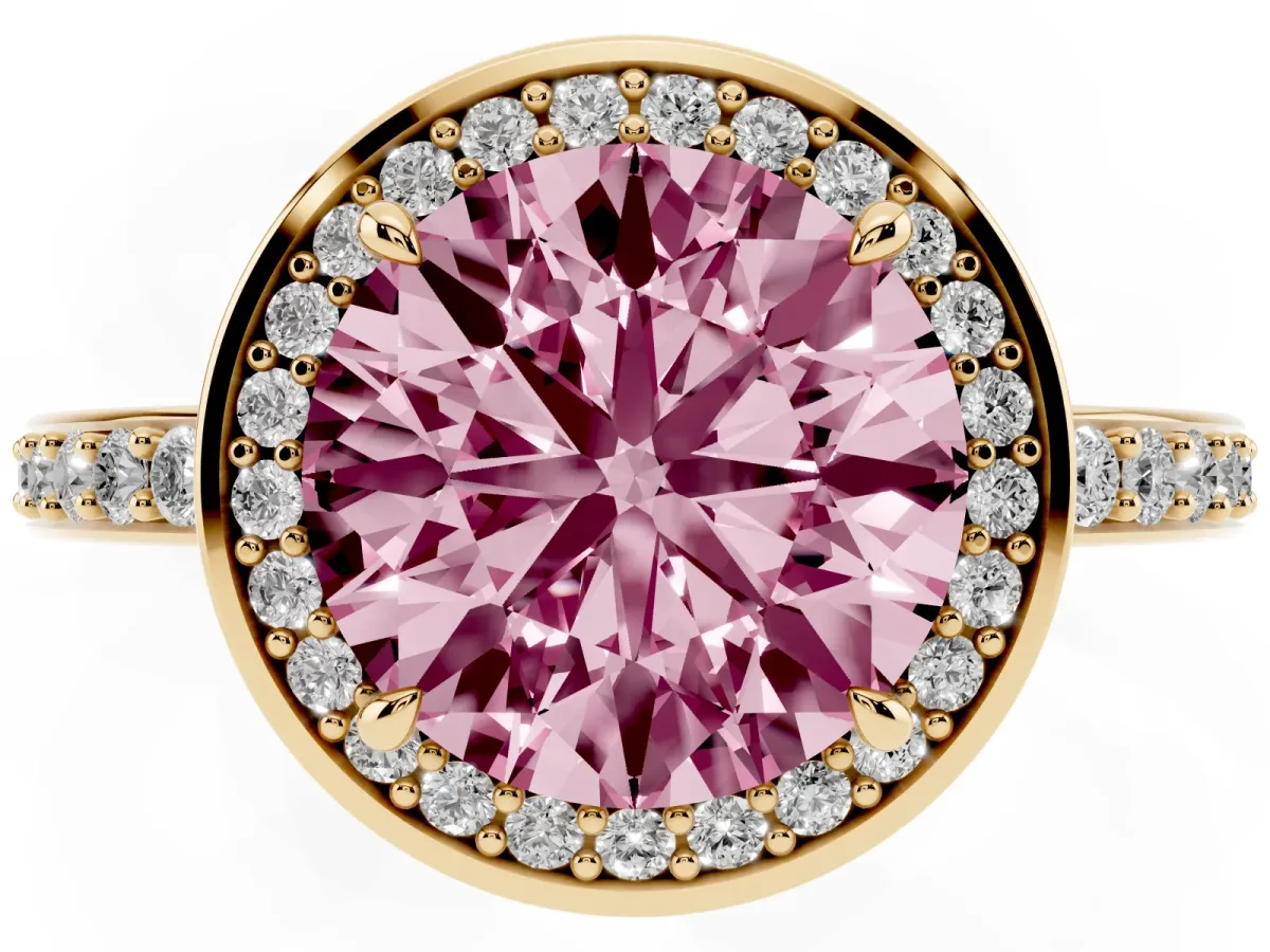 Fancy Pink Round Cut Halo Pave Band Solitaire Ring with Prong Setting Yellow gold