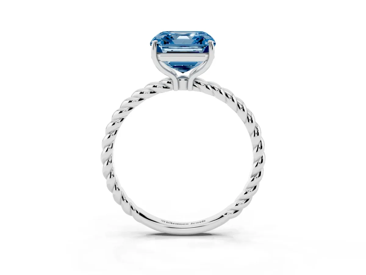 Fancy Blue Asscher Cut Solitaire Twist Band Ring with Four-Prong Setting Silver