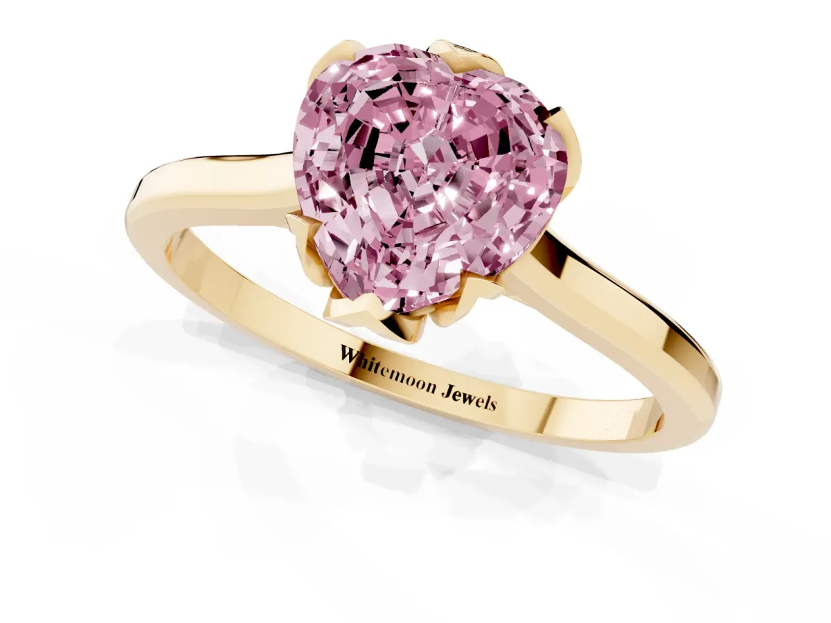 Fancy Pink Heart Cut Diamond Solitaire Ring with Flower Prong Setting and Classic Band Yellow gold