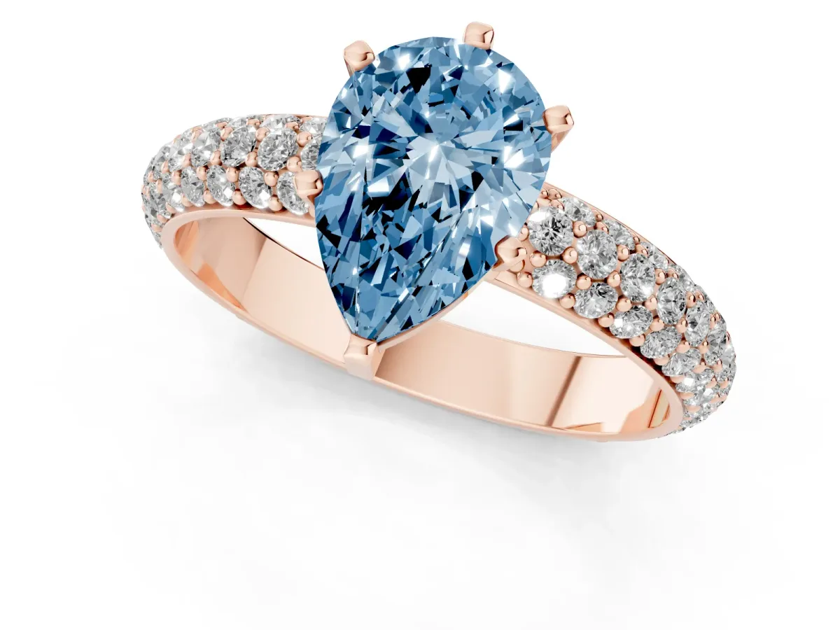 Fancy Blue Pear Cut Diamond Solitaire Ring with Prong Setting and Pavé Band Rose gold