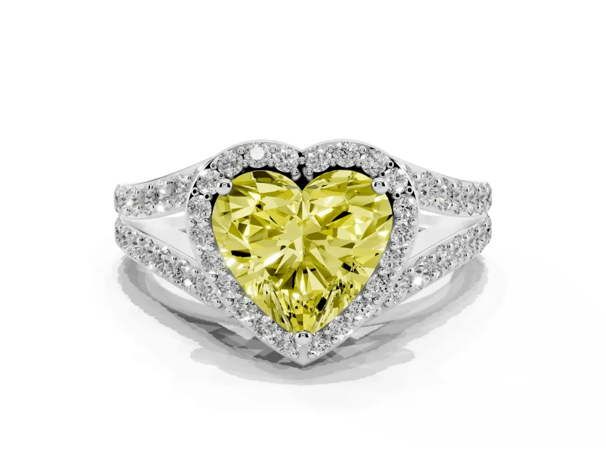 Fancy Yellow Heart Cut Diamond Split Shank Halo Ring with Four-Prong Setting Platinum