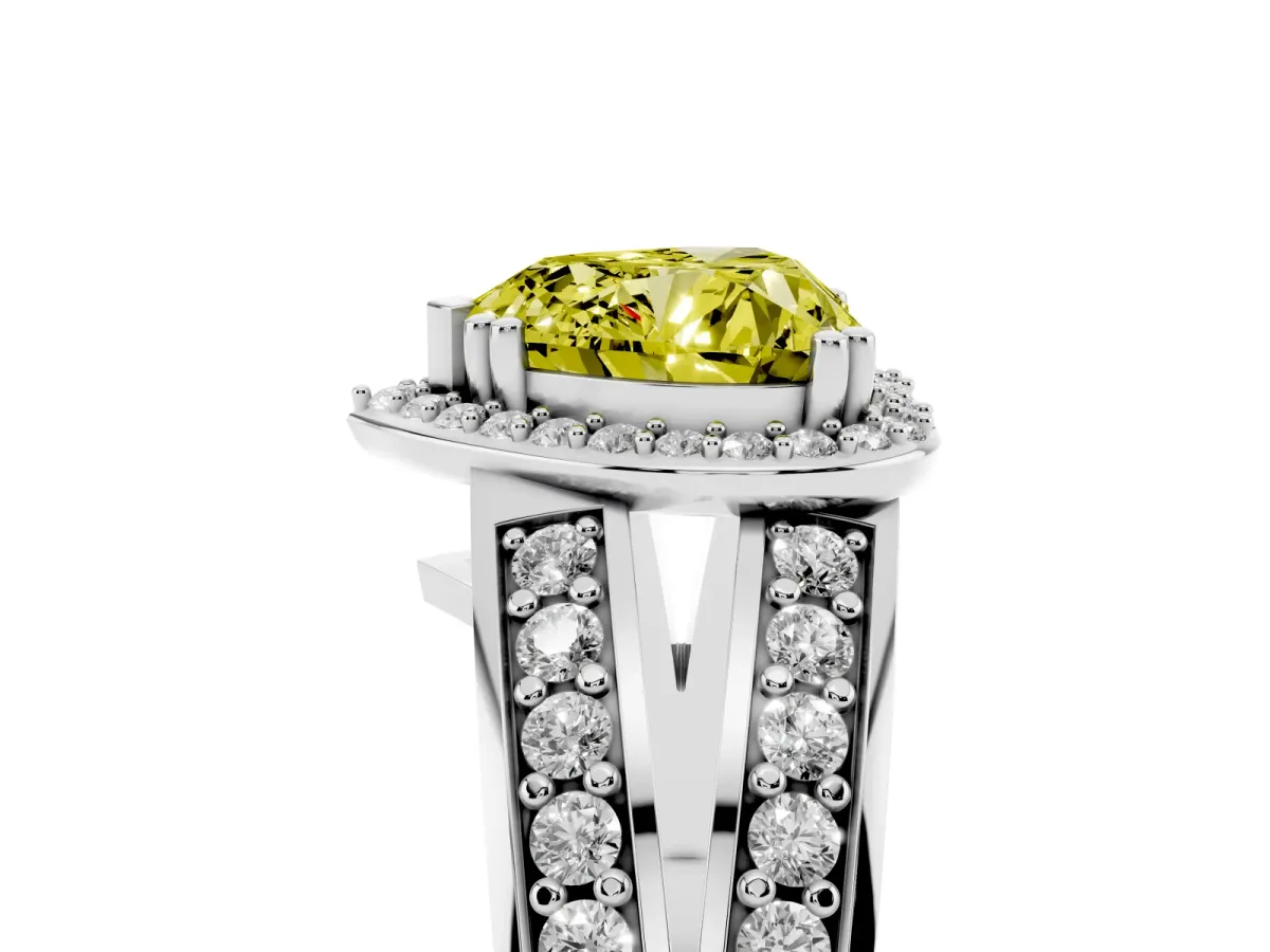 Fancy Yellow Heart Cut Diamond Halo Ring with Split Shank Pavé Band and Four-Prong Setting Platinum
