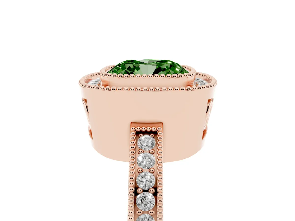 Fancy Green Cushion Cut Cut Halo Diamond Ring with Pavé Band and Milgrain Prong Setting Rose gold