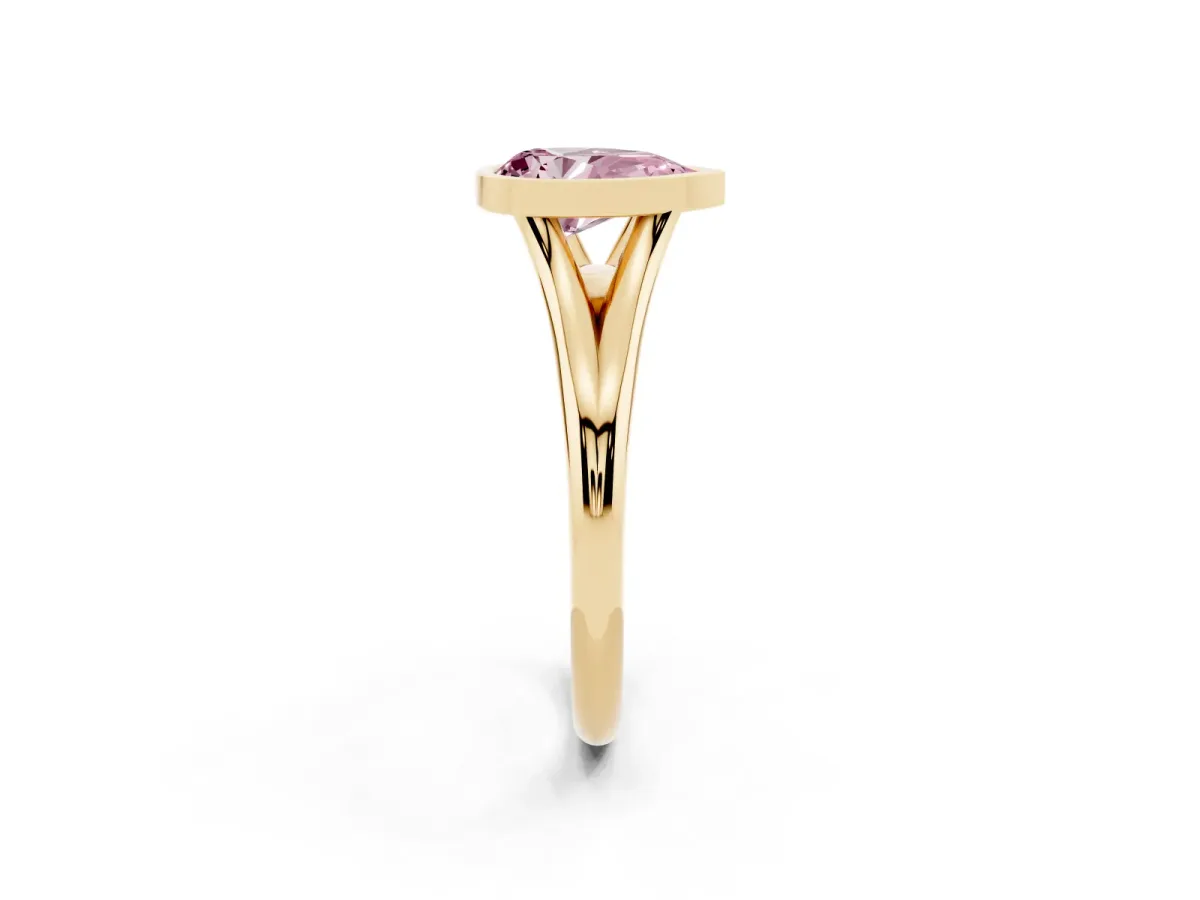 Fancy Pink Bezel Set Pear Cut Cut Solitaire Ring with Tapered Band Yellow gold