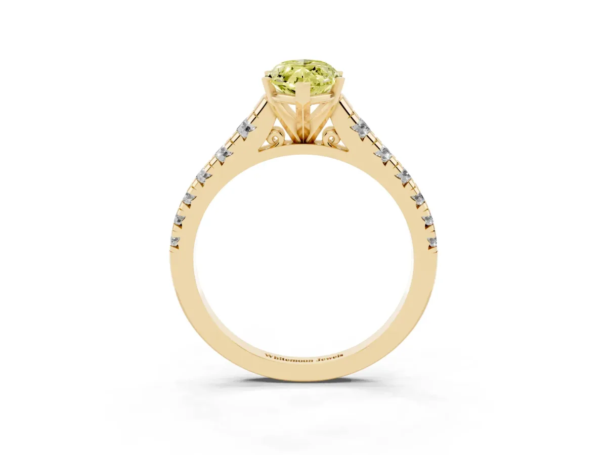 Fancy Yellow Marquise Cut Diamond Cathedral Solitaire Ring with Round Pavé Band Yellow gold