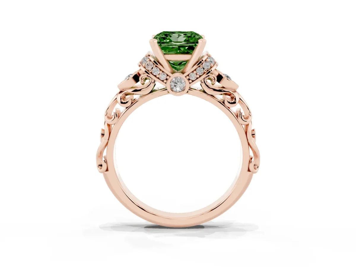Fancy Green Princess Cut Diamond Solitaire Ring with Filigree Band and Four-Prong Setting Rose gold