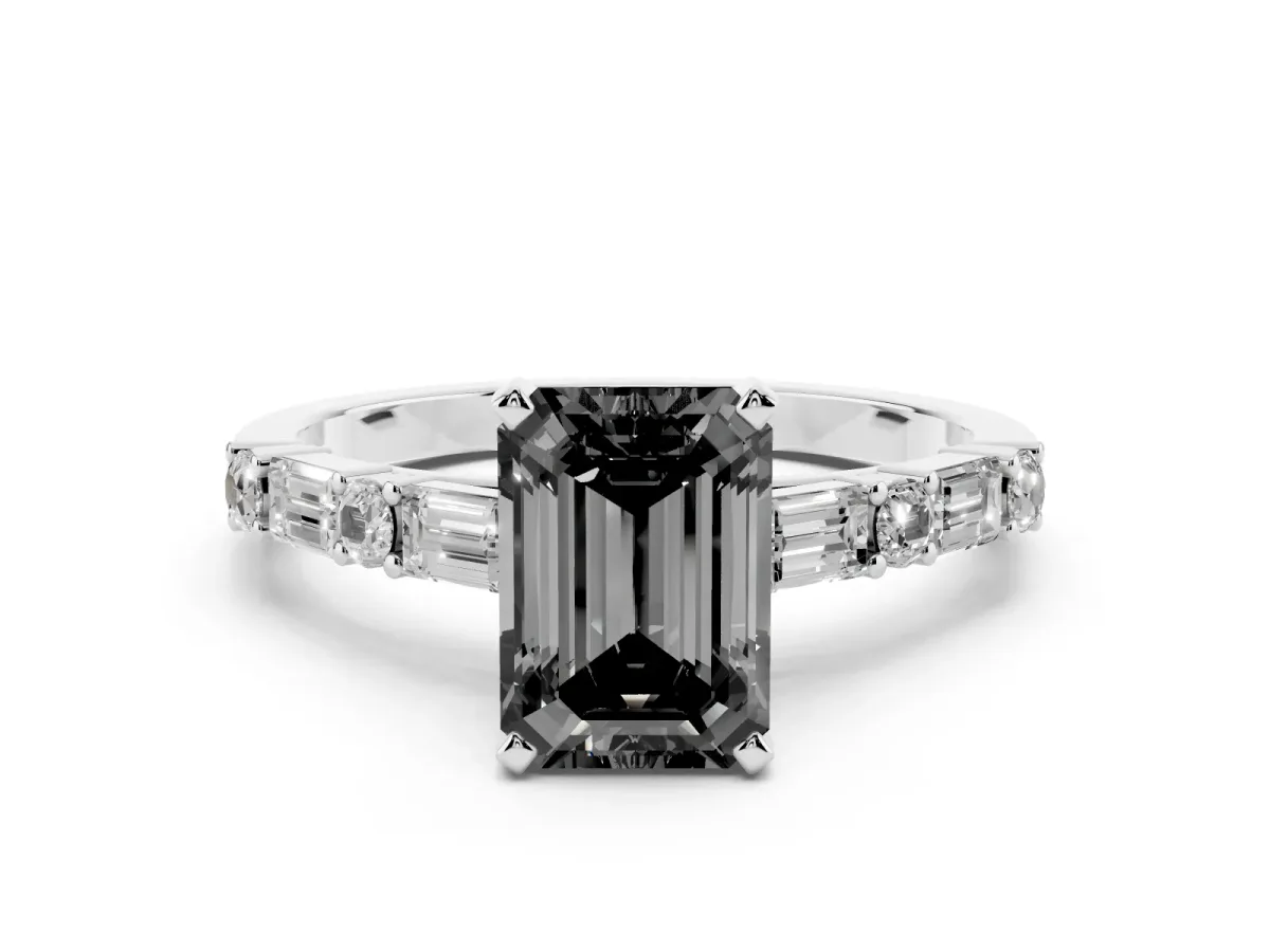 Fancy Black Emerald Cut Diamond Solitaire with Side Baguettes and Channel Set Band Silver