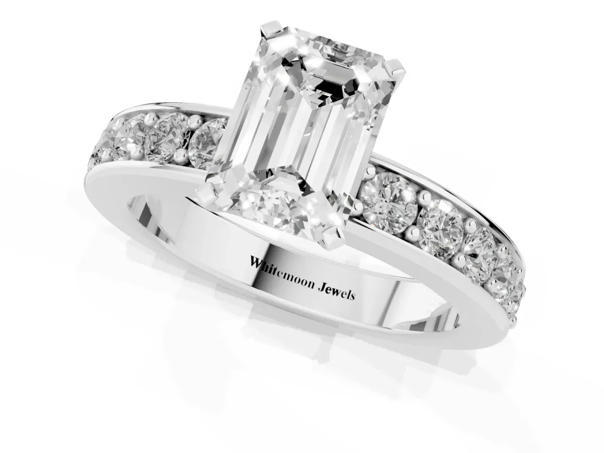 Emerald Cut Diamond Engagement Ring with Channel Set Round Band and Prong Setting Silver
