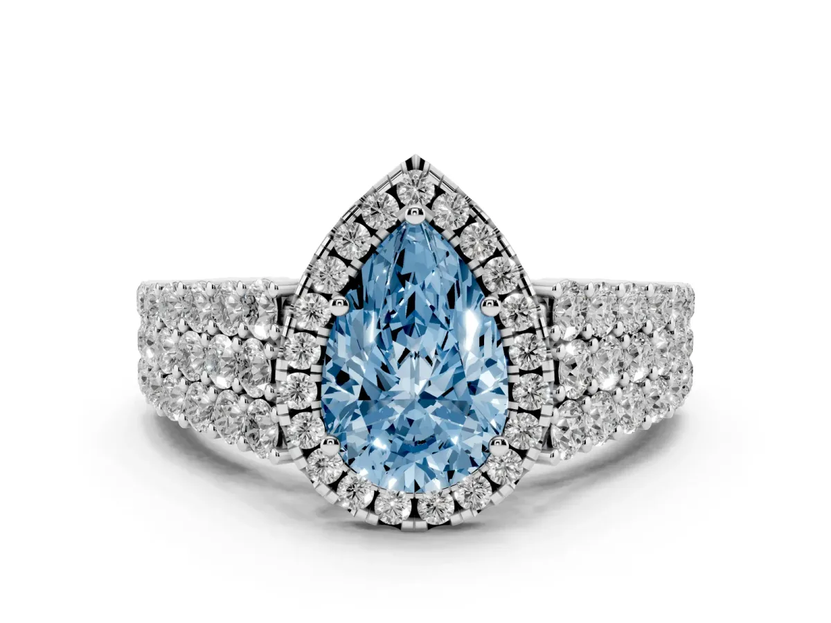 Fancy Blue Pear Cut Diamond Halo Engagement Ring with Triple Row Round Pavé Band and Prong Setting White gold
