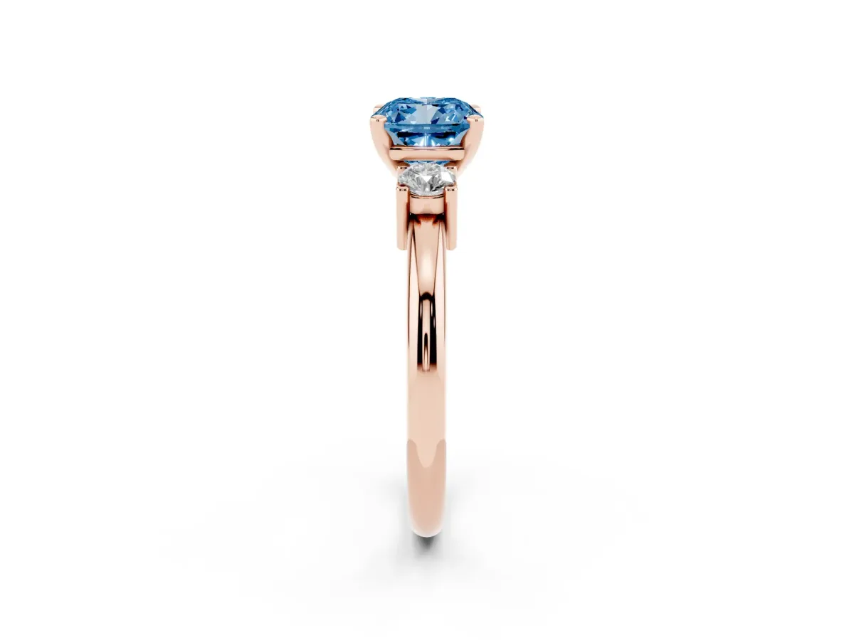 Fancy Blue Three-Stone Cushion Cut Cut Diamond Solitaire with Prong Setting and Classic Band Rose gold