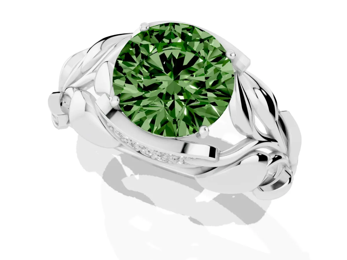 Fancy Green Round Cut Diamond Leaf-Inspired Engagement Ring with Round Accents and Prong Setting White gold