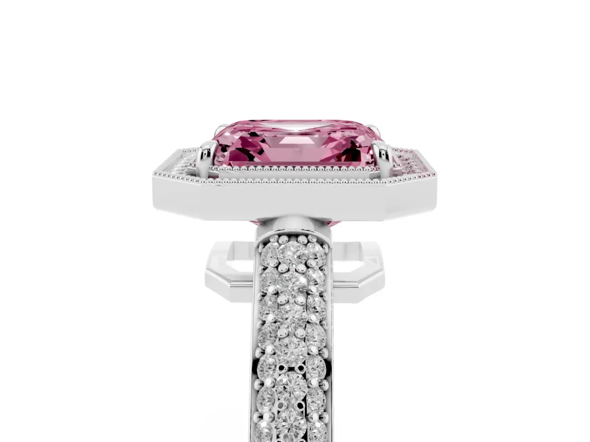 Fancy Pink Asscher Cut Cut Halo Diamond Pave Band with Four-Prong Setting Silver