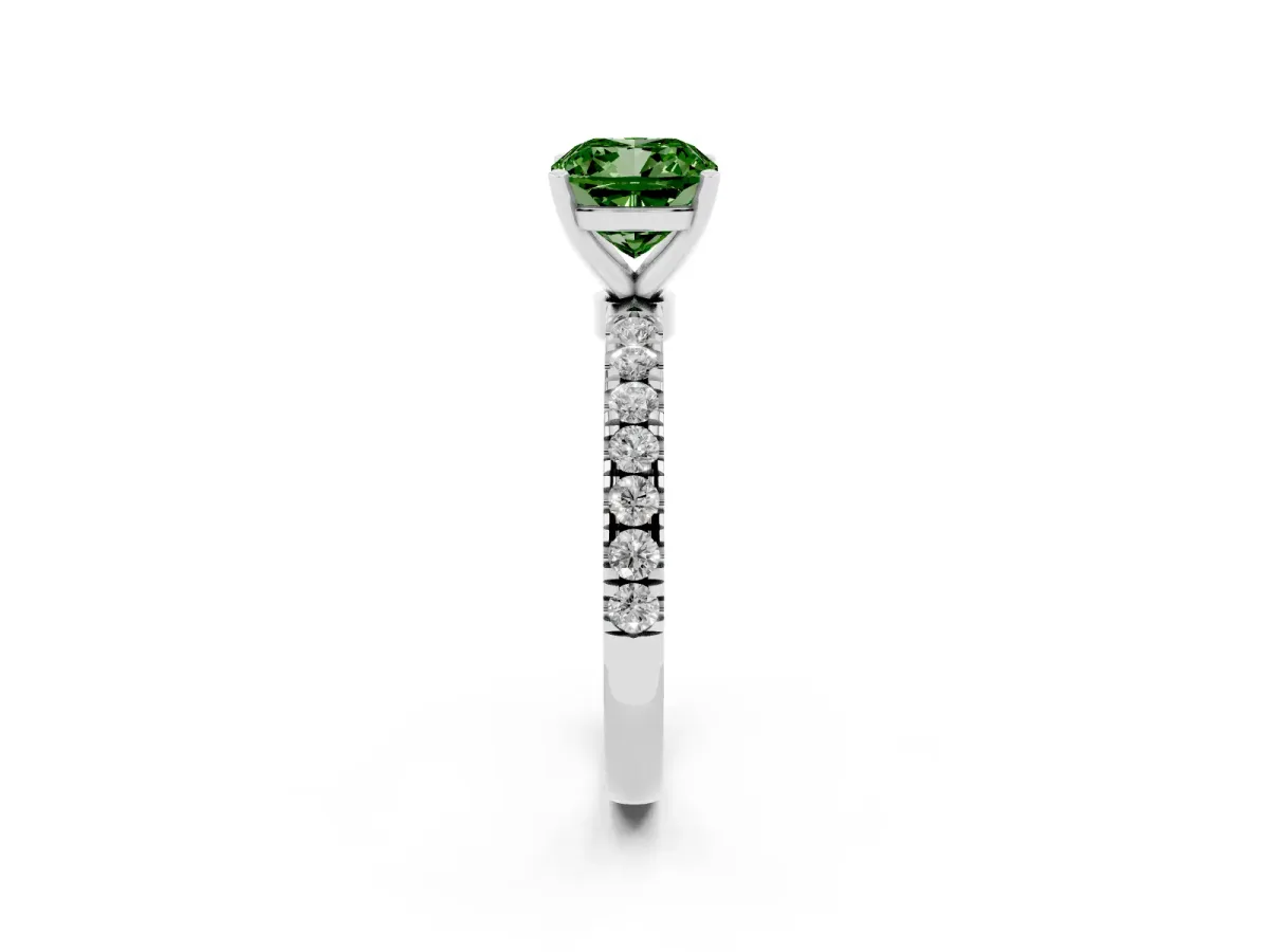 Fancy Green Cushion Cut Diamond Solitaire Ring with Pavé Accents and Four-Prong Setting White gold